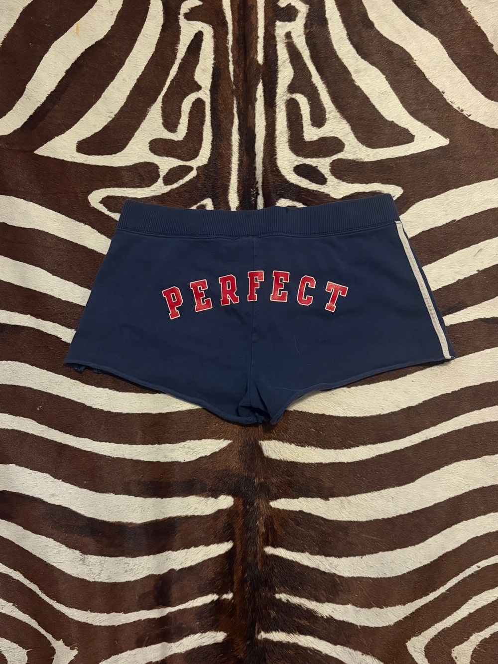 Y2K vintage Abercrombie & Fitch Navy Lounge Shorts with Red 'PERFECT' graphic